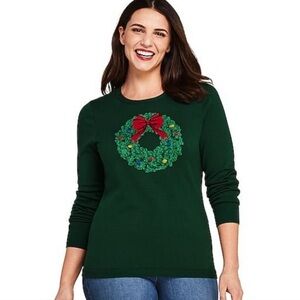 Land’s End Holiday Green Sweater with Wreath Design